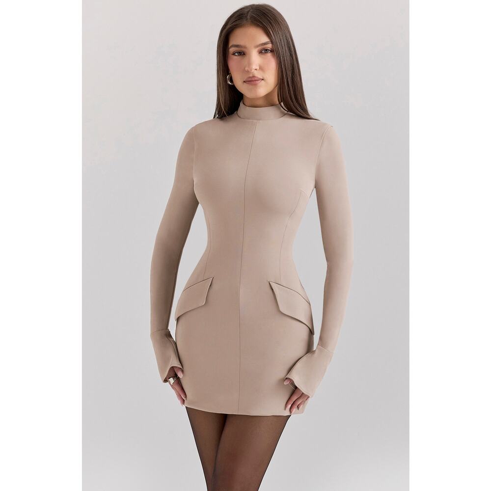House of CB Mahalia taupe long sleeve mini dress